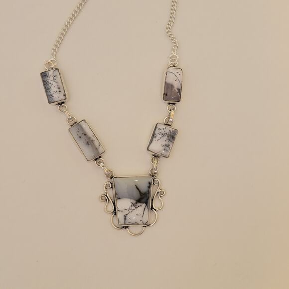 Dendritic Opal Sterling Silver Necklace, 20 Inch Handmade Statement Jewelry - Picture 4 of 10